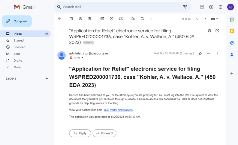 Example of an eService e-mail notification